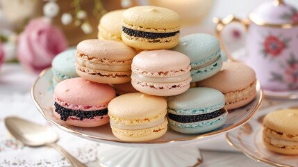 Fototapeta premium Assorted Macarons on Elegant Plate in pastel colors, each with a filling of caviar-infused cream