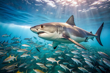 Fototapeta premium A majestic great white shark glides effortlessly through crystal-clear turquoise water, its powerful tail slicing the surface, surrounded by schools of small fish.