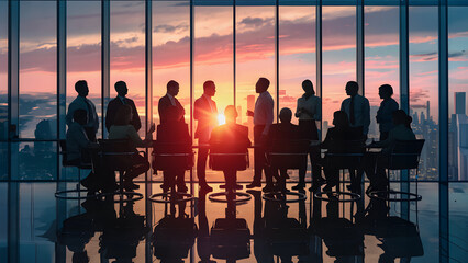 Dynamic corporate setting silhouetted group around conference table in modern office, bathed in warm sunset glow