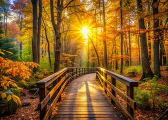 Naklejka premium Sunlit forest trail winds through towering trees, rustic wooden bridge in distance, vibrant fall foliage, warm light, peaceful atmosphere, inviting adventure and camaraderie.