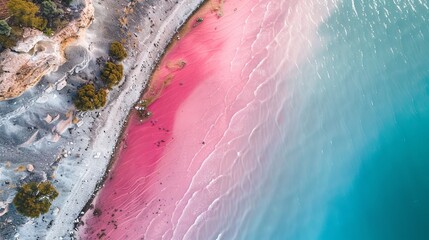 Fototapeta premium This incredible drone shot captures a breathtaking view of a pink coastal area along with blue sea, creating a stunning contrast and harmonious blend of natural elements.