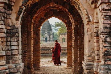 Monk Walking Through Ancient Archway