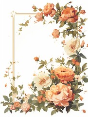 Watercolor-style floral frame with gold square on white background, vector art clipart with large copy space

