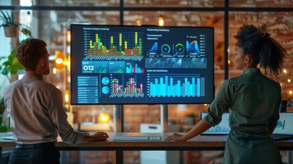 Diverse Team of Data Scientists Discussing Graphs And Reports On Big Digital Screen In Monitoring Office. Multiethnic Employees Working On Desktop Computers For Consulting, Generative AI