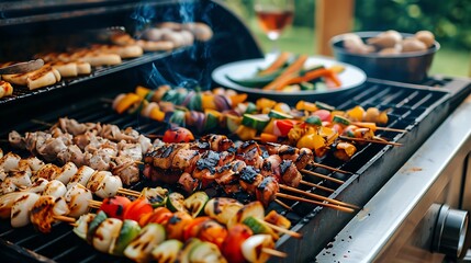 Colorful and delicious skewers and sausages on a hot barbecue grill
