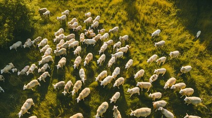 Aerial view of a large flock of sheep grazing on a vibrant green meadow, capturing the serene and pastoral beauty of rural life under the warm sunlight.