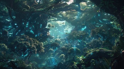 Fototapeta premium A dense, otherworldly forest with enormous trees and bioluminescent creatures.