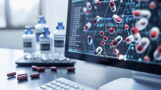 AI-driven drug discovery platform on a computer screen, health tech, innovative pharmaceutical research