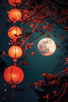 vertical banner, Mid Autumn Festival, delicate blue background, cherry blossoms, suspended glowing lanterns, illuminated light bulbs