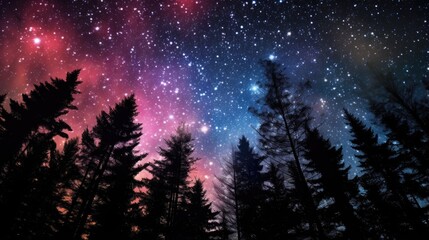 Night sky with stars over a dark forest.