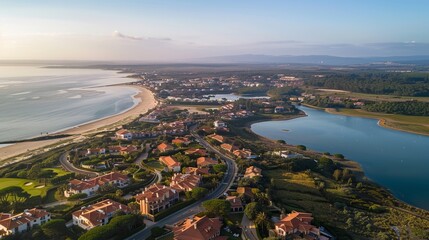 Fototapeta premium An aerial view captures a seaside town featuring modern homes, tranquil beaches, and lush surroundings, offering a serene and picturesque coastal setting.