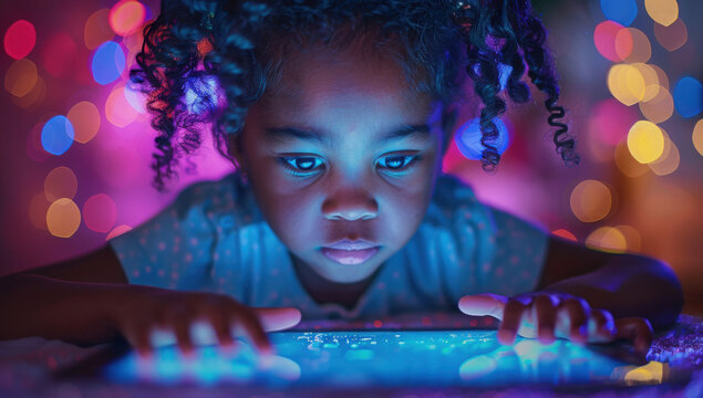Young black child using smart tablet. Happy african american boy gaming on iPad. Toddler using AI technology on tech device. Blue light from computer screen