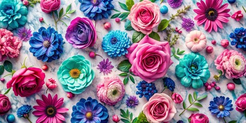 Floral Collage on Marble, Flowers, Still Life, Spring, Pink, Blue,  Green