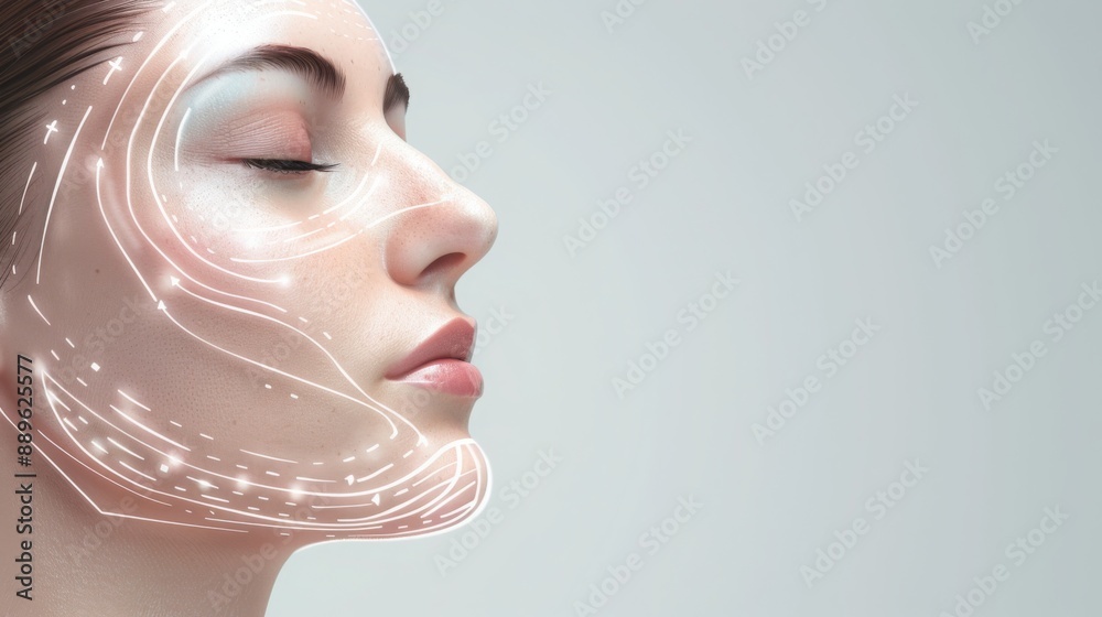 Aufkleber a woman's face is illuminated with lines representing the muscle structure of the face. her eyes are