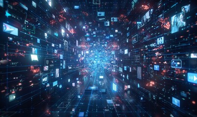 Animated Background with Virtual Social Media Reality Interconnected by Internet Into Worldwide Web. Internet of Things Concept with Videos, Avatars, Profiles Flowing in Online Info, Generative AI