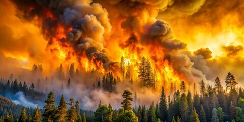 Fototapeta premium Forest Fire Inferno A Wall of Flames and Smoke, Fire, Smoke, Wildfire, Nature