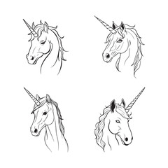Set of unicorn heads outline stroke artwork black and white vector illustration