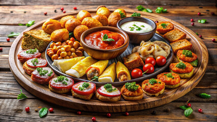 Vibrant platter overflowing with diverse tapas treasures, artfully arranged to showcase colorful patatas bravas, tortilla española, croquetas, and more, amidst rustic wooden backdrop.