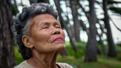 An older woman with a pink tongue sticking out of her mouth, AI