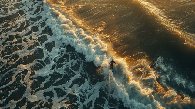 A lone surfer moves through the dynamic waves at sunset, capturing a moment of adventure and tranquility with the sun's golden rays reflecting off the water.