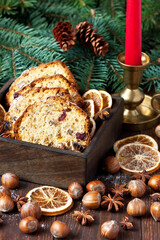 Christmas cake with spices and dried fruits, selective focus