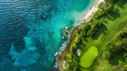 Aerial view of a luxurious golf course set against turquoise coastal waters, showcasing an idyllic scene of recreational bliss and natural beauty.