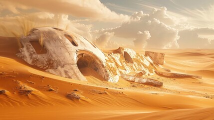 A desert landscape with ancient alien ruins partially buried in the sand.