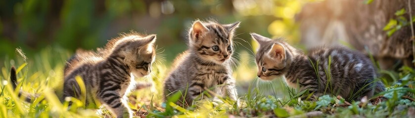 Fototapeta premium Raising awareness about cat care with playful kittens, realistic, natural light, high resolution, background of a sunny garden, fun and heartwarming
