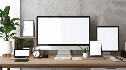 A computer desk with a large monitor and several smaller monitors