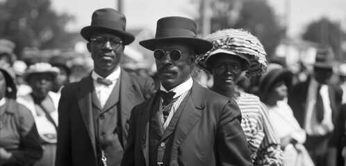 Three men wearing suits and hats stand in a crowd