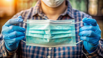 A gloved hand holds a mask, with a step-by-step guide displayed in the background, illustrating correct wearing, removal, and disposal to prevent flu transmission.