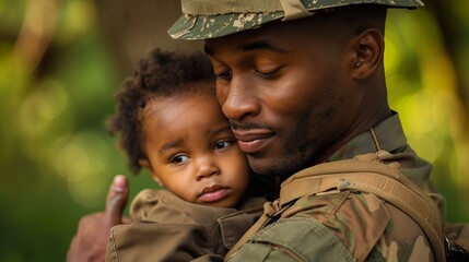 A soldier in full camouflage uniform, carrying a young child in his arms, stands in a forested area, symbolizing the protective role of soldiers and paternal care amidst nature.