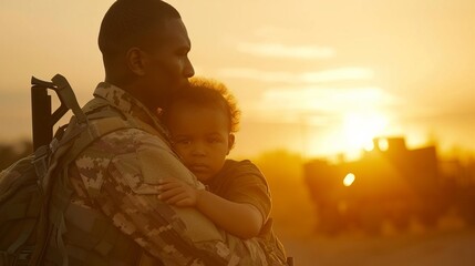 A soldier in camouflage uniform holds a young child at sunset, symbolizing the protection, love, and hope soldiers bring to their families while serving their country.