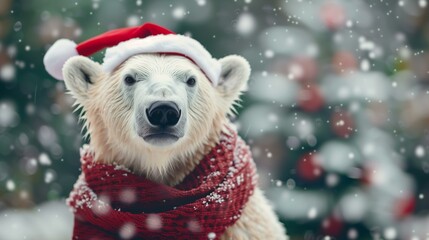 real polar bear wearing a red scarf and Santa's hat with snowy christmas tree in the background, festive