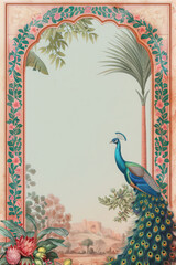 Mughal traditional garden with peacock, bird, flower and temple pattern illustration  © BOTAHRY DEX