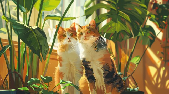 Cat behavior explained through playful illustrations, realistic, vibrant colors, digital art, background of a petfriendly home, entertaining and educational