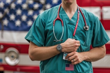 A nurse wearing scrubs and holding his lanyard with an ID badge hanging from it, stands in front of the American flag Generative AI