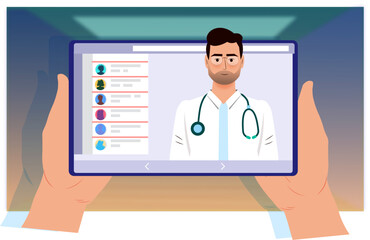 Vector illustration of a male doctor displayed on a digital tablet screen, representing telemedicine and modern healthcare access.

