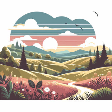  vector of landscape with rolling hill and trees  mountains and clouds