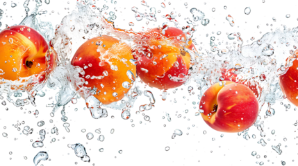 peaches falling on white background, with water splashes