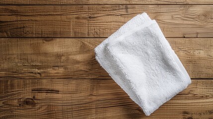 Looking down at hand towel on wooden surface