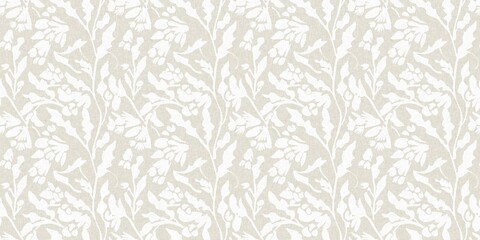 Seamless french gender neutral floral linen printed fabric border background. Light mottled white on grey cottage core block print pattern. Shabby chic woven duotone cloth effect. 