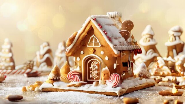  Festive gingerbread house with candy decorations on a light background, evoking holiday cheer.