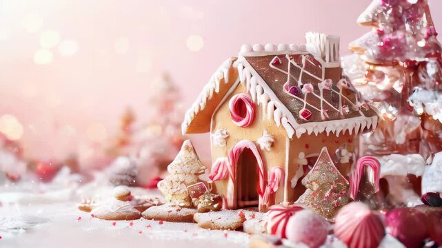 A festive gingerbread house decorated with candy and icing, set against a soft pink background.