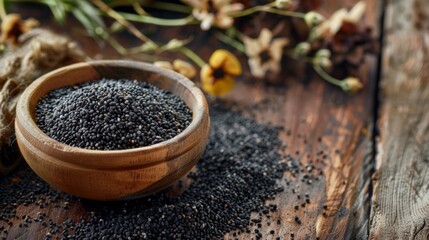 Fototapeta premium Poppy seeds in small wooden bowl on dark table. Poppies head on board with backlight.