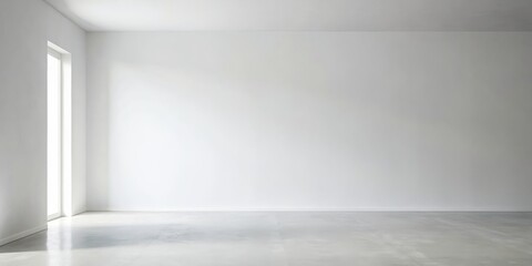 Fototapeta premium Minimalist Empty Room with Window Light, white walls, concrete floor, bright and spacious, empty room, interior design, modern home