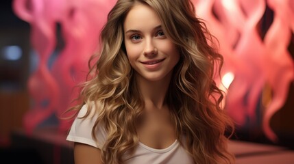 Portrait of a beautiful young woman with long blonde hair.