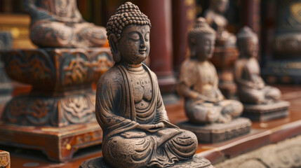 A collection of statues of Buddha in various poses