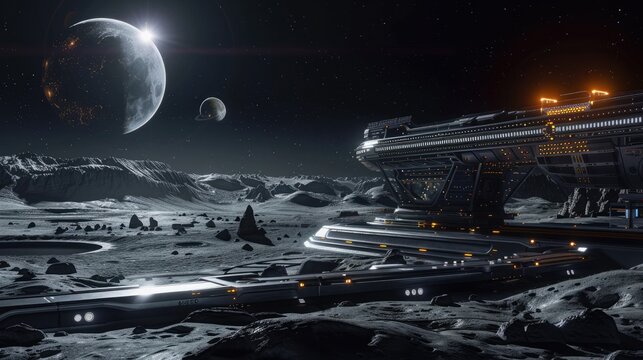 A distant moon with a futuristic base and a breathtaking view of its parent planet.