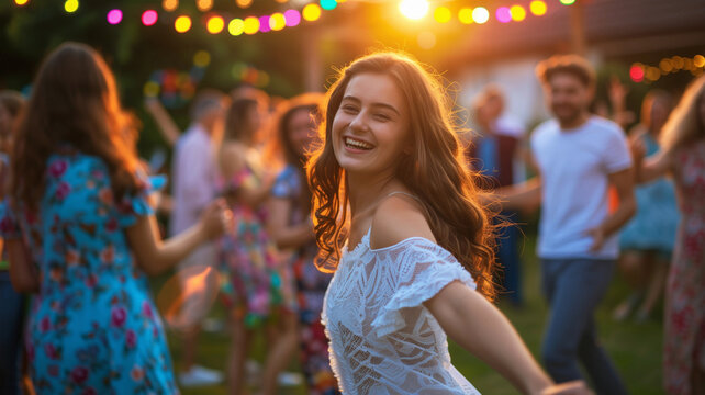 Junge Frau und Familie feiern Gartenparty mit Nachbarn
